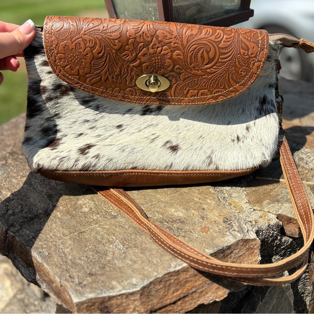 Myra Bag Brown and White Crossbody with Paisley Leather